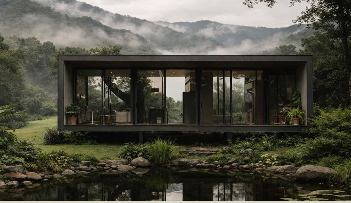 Sati residence beside a reflecting pond with mountains behind