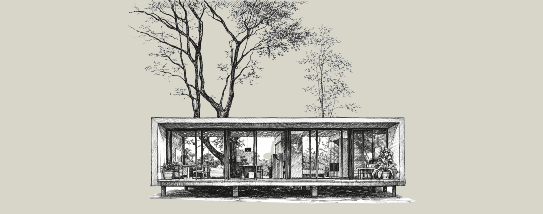 Architectural line drawing of the Sati residence among trees